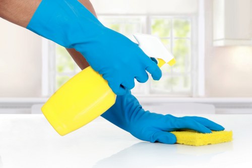 Cleaner wearing PPE while carrying out a carpet cleaning task